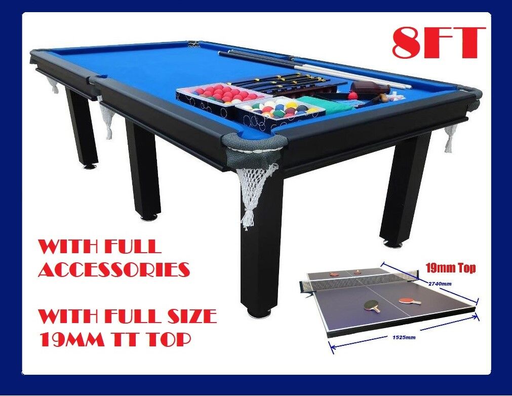 POOL TABLE 8FT SNOOKER BILLIARD TABLE 25mm TABLE TOP - WITH FULL SIZE TABLE TENNIS TOP