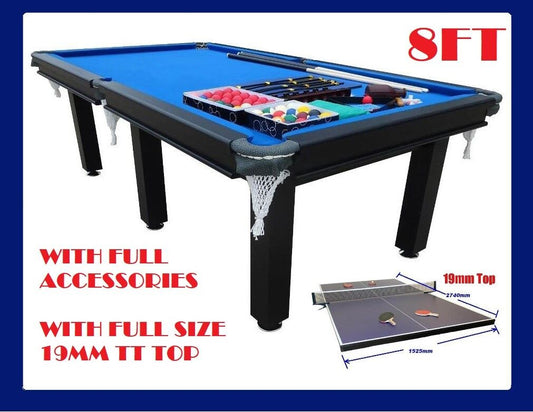 POOL TABLE 8FT SNOOKER BILLIARD TABLE  25mm TABLE TOP - WITH FULL SIZE TABLE TENNIS TOP