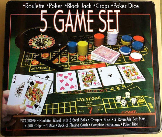 NEW! 5 in 1 Casino Games Set Roulette,Poker, Black Jack, Craps, has Chips,Mats, Dices, Cards